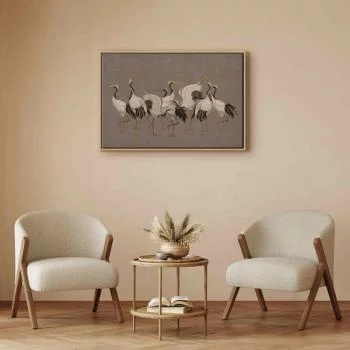 Obraz - Taniec żurawi - jasne sylwetki ptaków na ciepło-szarym tle z fakturą - obrazek 5
