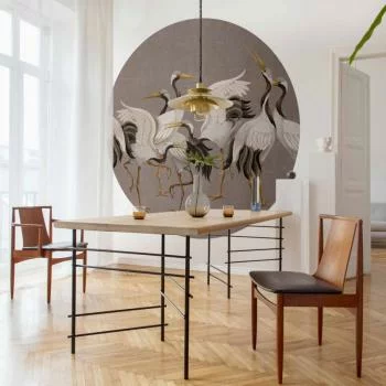 Fototapeta okrągła - Taniec żurawi - jasne sylwetki ptaków na ciepło-szarym tle z fakturą - obrazek 6