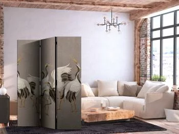 Parawan - Taniec żurawi - jasne sylwetki ptaków na ciepło-szarym tle z fakturą - obrazek 2