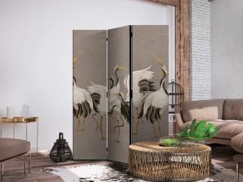 Parawan - Taniec żurawi - jasne sylwetki ptaków na ciepło-szarym tle z fakturą - obrazek 2