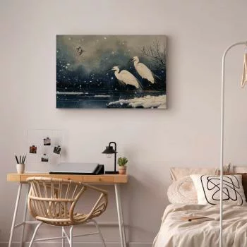 Obraz - Czaple nad zimowym stawem - ilustracja w stylu japońskiego w ciemnej kolorystyce - obrazek 6