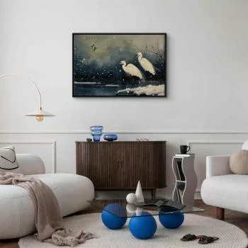 Obraz - Czaple nad zimowym stawem - ilustracja w stylu japońskiego w ciemnej kolorystyce - obrazek 5