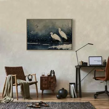 Obraz - Czaple nad zimowym stawem - ilustracja w stylu japońskiego w ciemnej kolorystyce - obrazek 7