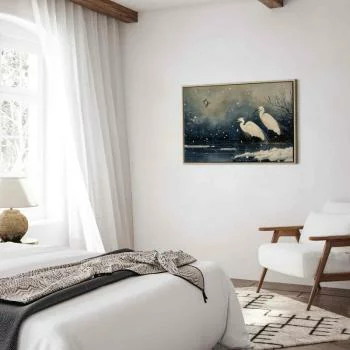 Obraz - Czaple nad zimowym stawem - ilustracja w stylu japońskiego w ciemnej kolorystyce - obrazek 6