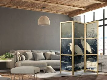 Parawan japoński - Czaple nad zimowym stawem - ilustracja w stylu japońskiego w ciemnej kolorystyce - obrazek 2