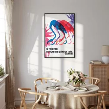 Obraz - Kolorowe Flamingi - inspirujący cytat z barwnymi sylwetkami ptaków / Kolorowa repetycja - trzy sylwetki flamingów i inspirującym cytatem - obrazek 6