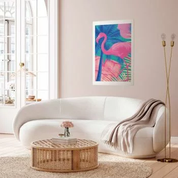 Plakat - Różowy Flaming - Abstrakcyjny Flaming na Tle Palm i Kostek Lodu - obrazek 2