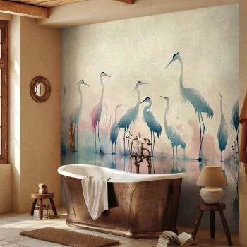 Fototapeta - Ptaki nad jeziorem - czaple malowane akwarelą w delikatnej, szaro-różowej kolorystyce - obrazek 6