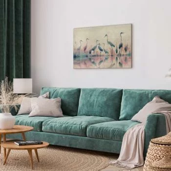 Obraz - Ptaki nad jeziorem - czaple malowane akwarelą w delikatnej, szaro-różowej kolorystyce - obrazek 5