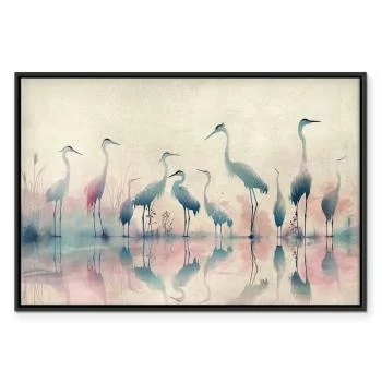 Obraz - Ptaki nad jeziorem - czaple malowane akwarelą w delikatnej, szaro-różowej kolorystyce - obrazek 2