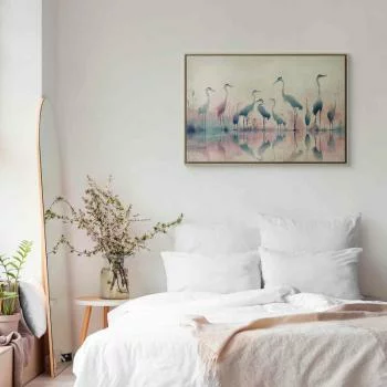 Obraz - Ptaki nad jeziorem - czaple malowane akwarelą w delikatnej, szaro-różowej kolorystyce - obrazek 6