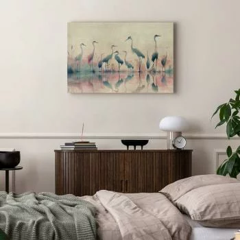 Obraz - Ptaki nad jeziorem - czaple malowane akwarelą w delikatnej, szaro-różowej kolorystyce - obrazek 5
