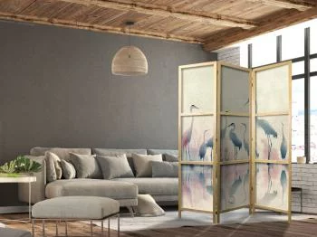 Parawan japoński - Ptaki nad jeziorem - czaple malowane akwarelą w delikatnej, szaro-różowej kolorystyce - obrazek 2