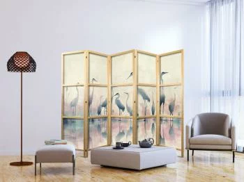 Parawan japoński - Ptaki nad jeziorem - czaple malowane akwarelą w delikatnej, szaro-różowej kolorystyce - obrazek 2