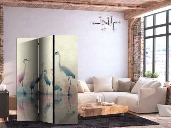 Parawan - Ptaki nad jeziorem - czaple malowane akwarelą w delikatnej, szaro-różowej kolorystyce - obrazek 2