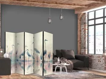 Parawan - Ptaki nad jeziorem - czaple malowane akwarelą w delikatnej, szaro-różowej kolorystyce