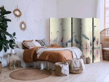 Parawan - Ptaki nad jeziorem - czaple malowane akwarelą w delikatnej, szaro-różowej kolorystyce - obrazek 2