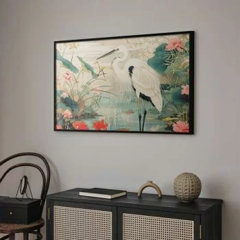 Plakat - Nad azjatyckim stawem - ilustracja w stylu japońskiej ryciny; przedstawiająca czaplę - obrazek 2