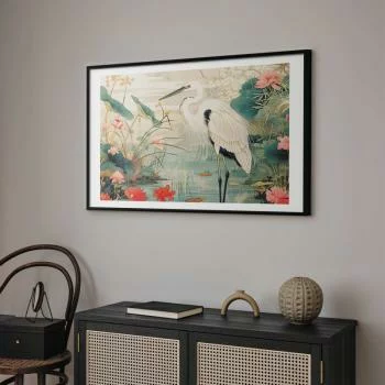 Plakat - Nad azjatyckim stawem - ilustracja w stylu japońskiej ryciny; przedstawiająca czaplę - obrazek 2