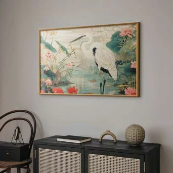 Plakat - Nad azjatyckim stawem - ilustracja w stylu japońskiej ryciny; przedstawiająca czaplę - obrazek 2