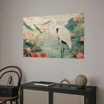 Plakat - Nad azjatyckim stawem - ilustracja w stylu japońskiej ryciny; przedstawiająca czaplę - obrazek 2