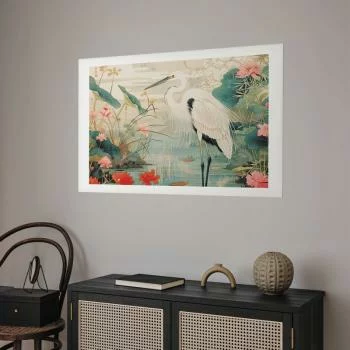 Plakat - Nad azjatyckim stawem - ilustracja w stylu japońskiej ryciny; przedstawiająca czaplę - obrazek 2