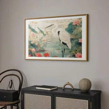 Plakat - Nad azjatyckim stawem - ilustracja w stylu japońskiej ryciny; przedstawiająca czaplę - obrazek 2