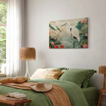 Obraz - Nad azjatyckim stawem - ilustracja w stylu japońskiej ryciny, przedstawiająca czaplę - obrazek 5