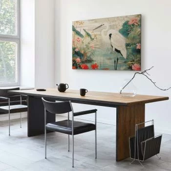 Obraz - Nad azjatyckim stawem - ilustracja w stylu japońskiej ryciny, przedstawiająca czaplę - obrazek 6