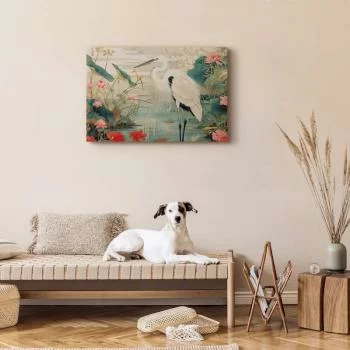 Obraz - Nad azjatyckim stawem - ilustracja w stylu japońskiej ryciny, przedstawiająca czaplę - obrazek 5