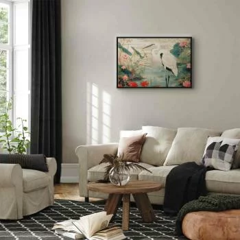 Obraz - Nad azjatyckim stawem - ilustracja w stylu japońskiej ryciny, przedstawiająca czaplę - obrazek 5