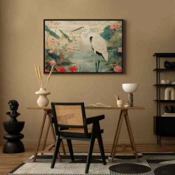 Obraz - Nad azjatyckim stawem - ilustracja w stylu japońskiej ryciny, przedstawiająca czaplę - obrazek 7