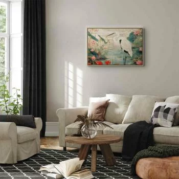 Obraz - Nad azjatyckim stawem - ilustracja w stylu japońskiej ryciny, przedstawiająca czaplę - obrazek 5