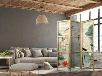 Parawan japoński - Nad azjatyckim stawem - ilustracja w stylu japońskiej ryciny, przedstawiająca czaplę - obrazek 2