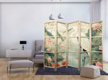Parawan japoński - Nad azjatyckim stawem - ilustracja w stylu japońskiej ryciny, przedstawiająca czaplę