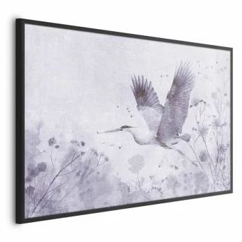 Plakat - Majestatyczny lot - żuraw w locie w monochromatycznej; chłodnej kolorystyce