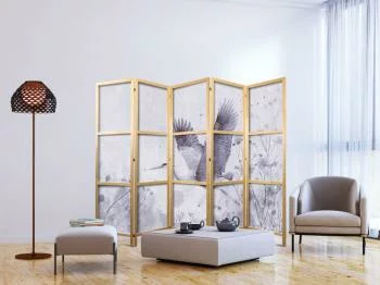 Parawan japoński - Majestatyczny lot - żuraw w locie w monochromatycznej, chłodnej kolorystyce - obrazek 2