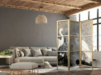 Parawan japoński - Czaple i kwiat wiśni - ilustracja w orientalnym stylu przedstawiająca ptaki - obrazek 2