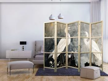 Parawan japoński - Czaple i kwiat wiśni - ilustracja w orientalnym stylu przedstawiająca ptaki