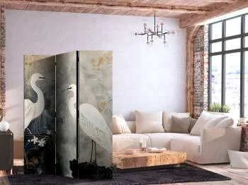 Parawan - Czaple i kwiat wiśni - ilustracja w orientalnym stylu przedstawiająca ptaki