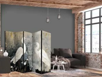 Parawan - Czaple i kwiat wiśni - ilustracja w orientalnym stylu przedstawiająca ptaki