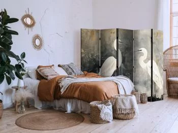 Parawan - Czaple i kwiat wiśni - ilustracja w orientalnym stylu przedstawiająca ptaki - obrazek 2