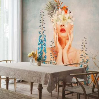 Fototapeta - Natura w myślach - postać kobiety wśród kwiatów na tle z deseniem - obrazek 6