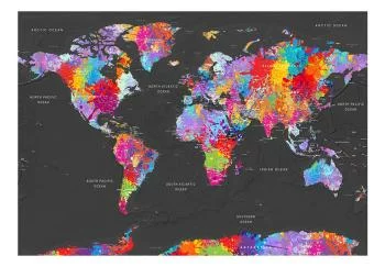 Fototapeta wodoodporna - Mapa świata - kolorowe kontynenty z nazwami po angielsku na szarym tle - obrazek 2