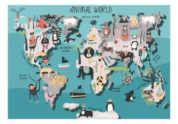 Fototapeta wodoodporna - Lekcja geografii dla dzieci - kolorowa mapa świata ze zwierzątkami - obrazek 2