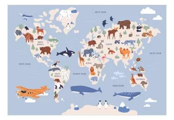 Fototapeta - Mapa świata z ilustracjami zwierząt - obrazek 2