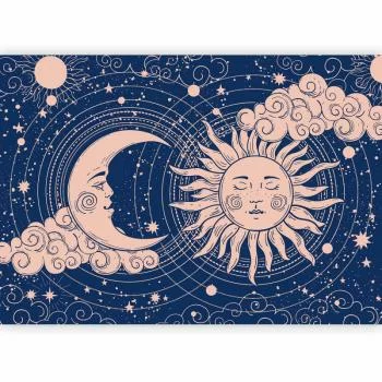 Fototapeta - Kosmiczna Harmonia - ilustracja słońca i księżyca na granatowym tle / Noc i Dzień - elegancki wzór słońca księżyca na ciemnym tle - obrazek 2
