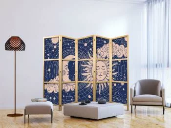 Parawan japoński - Kosmiczna Harmonia - ilustracja słońca i księżyca na granatowym tle / Noc i Dzień - elegancki wzór słońca - księżyca na ciemnym tle - obrazek 5