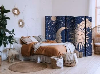 Parawan - Kosmiczna Harmonia - ilustracja słońca i księżyca na granatowym tle / Noc i Dzień - elegancki wzór słońca księżyca na ciemnym tle - obrazek 5