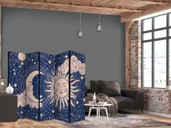 Parawan - Kosmiczna Harmonia - ilustracja słońca i księżyca na granatowym tle / Noc i Dzień - elegancki wzór słońca księżyca na ciemnym tle - obrazek 2